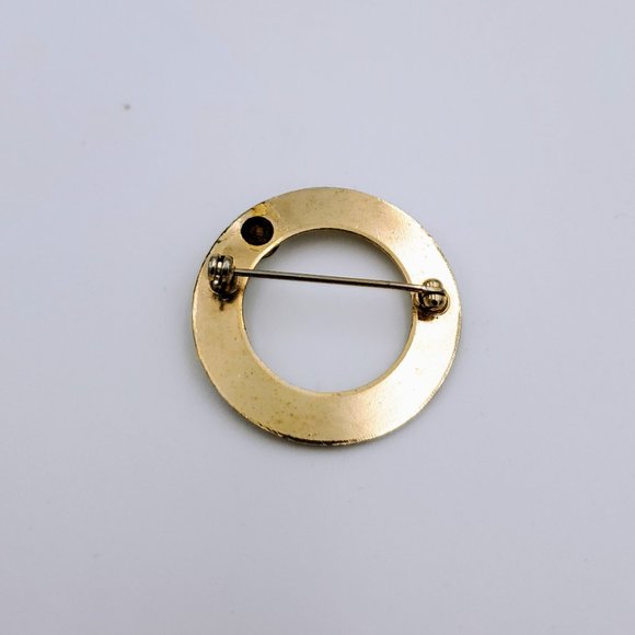Vtg Minimalist Gold Tone Brooch with Rhinestone O Shape Penannular Circle Pin - Picture 6 of 7